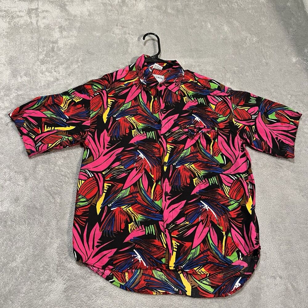Jazzman Button Down Shirt Mens Small Pink Rayon Short Sleeve Loud Bright